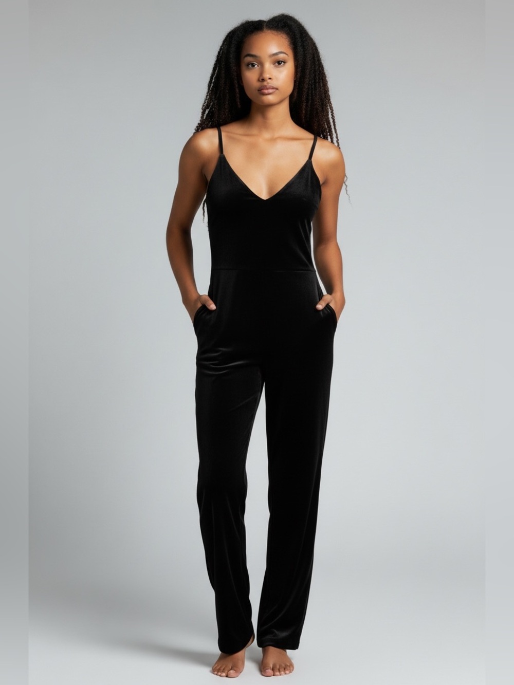 Express Black Velvet V-Neck Spaghetti-Strap Jumpsuit